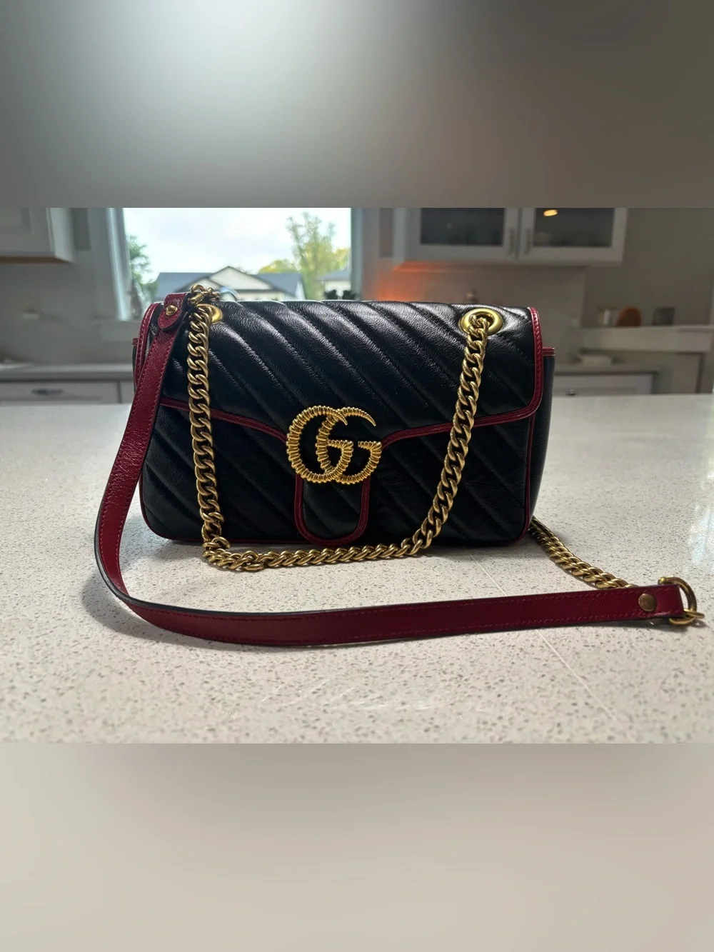 Gucci Marmont Quilted Leather Shoulder Bag size Small - Black with Red Trim
